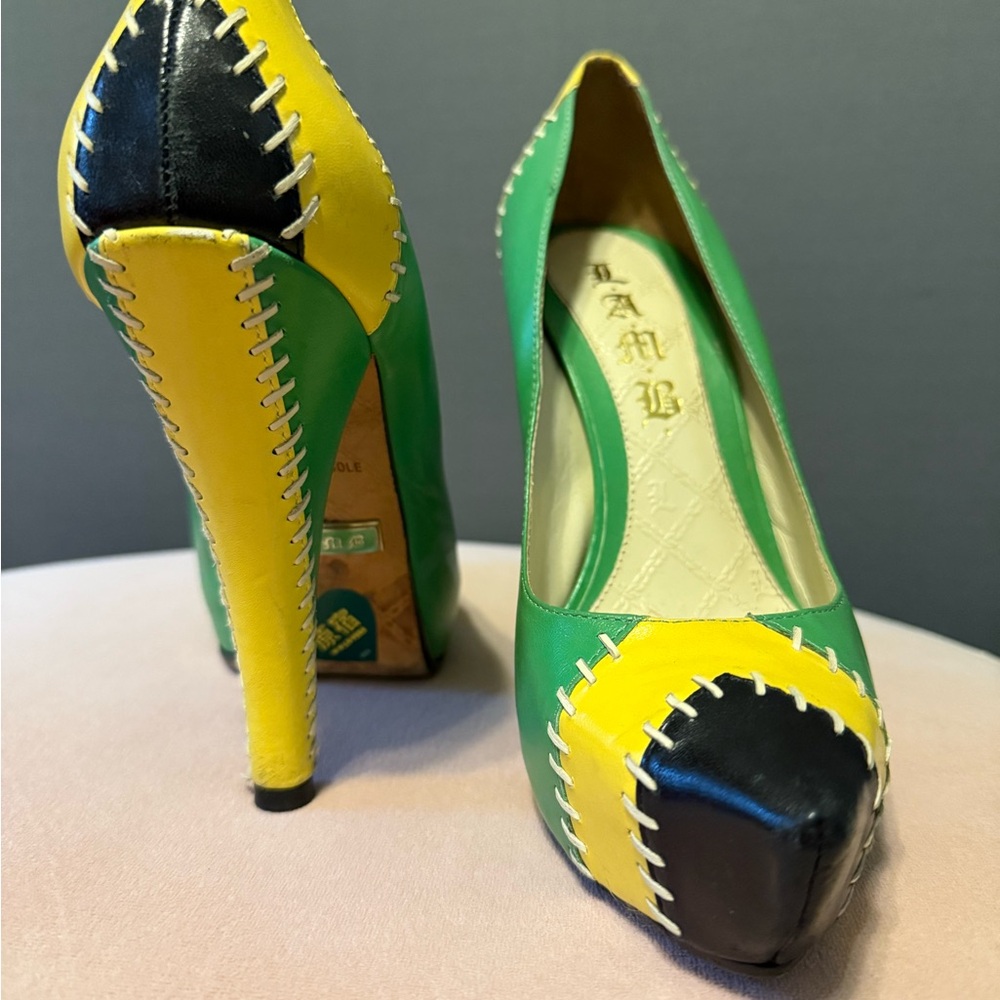 L.A.M.B. Green & Yellow Leather Heels with Black Accents - Picture 3 of 6